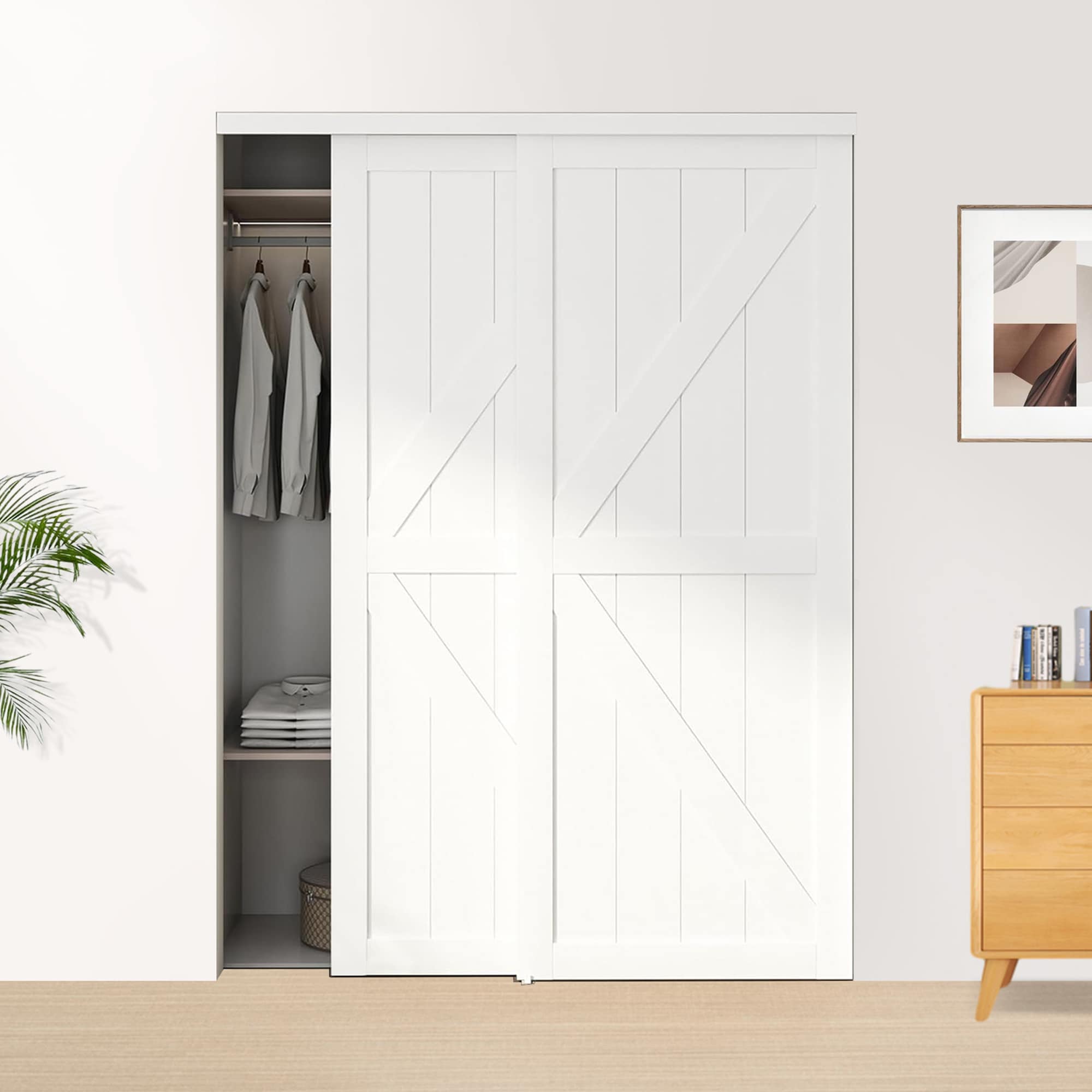 JUBEST 60"(Double 31") X80" Sliding Closet Door, K Style Bypass Closet Door With Hardware Kit & Matching Fascia, Preassembled Solid Wood Slab With Water-Proof PVC Surface, Easy To Install, White_voghion.com